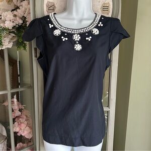 Women’s BANANA REPUBLIC Navy with White Bead Embellishments Top Blouse Size M